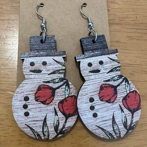 Snowman Wooden Earrings with Floral Design